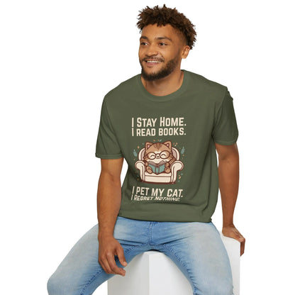 Homebody Cat Reader T-Shirt featuring a cat in glasses reading on a couch, with the text about reading and pets, perfect for book lovers.