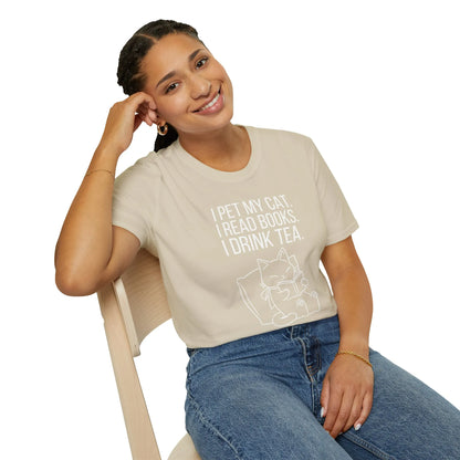 Cozy Purrfect Tea & Tales T-Shirt featuring text & cute cat illustration, perfect for book lovers who sip tea and cuddle cats.