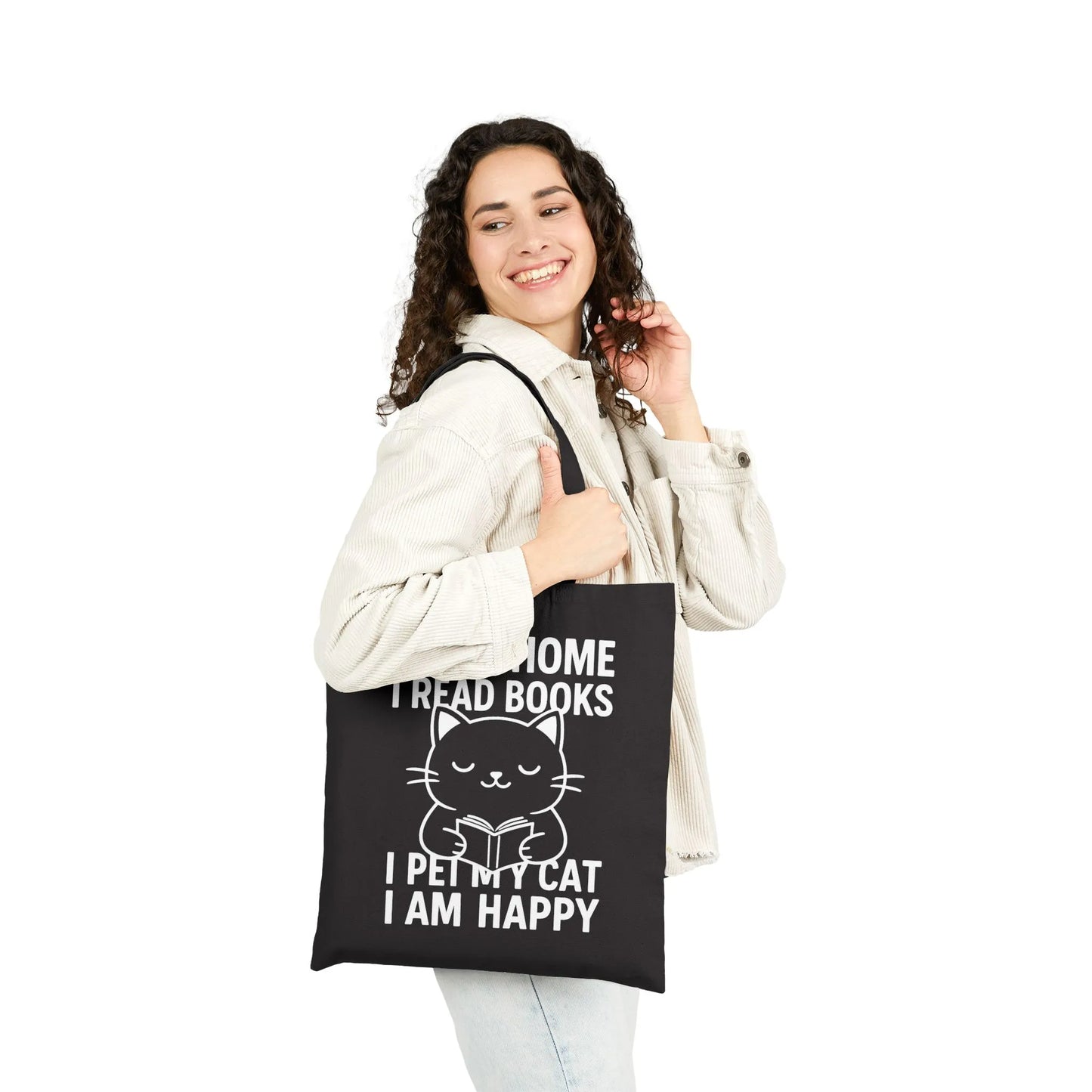 Happy Cat Reader Tote Bag with cute cat illustration and bookish motto, perfect for cozy readers and cat lovers.