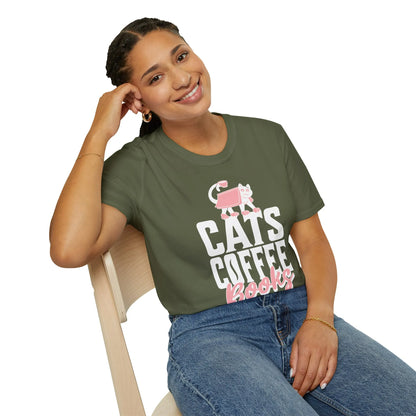 Cats. Coffee. Books. T-Shirt featuring a playful cat illustration and bold text, perfect for book lovers who adore coffee.