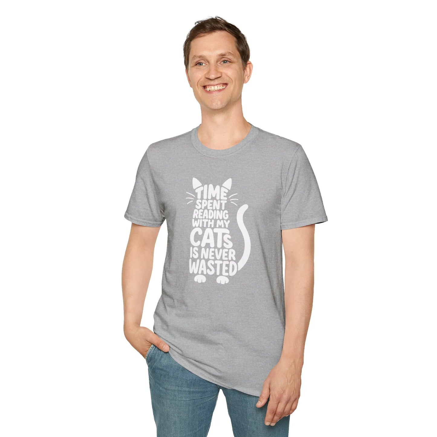 Man wearing a gray cat reading shirt with text: 'Time spent reading with my cats is never wasted' - perfect for book lovers.