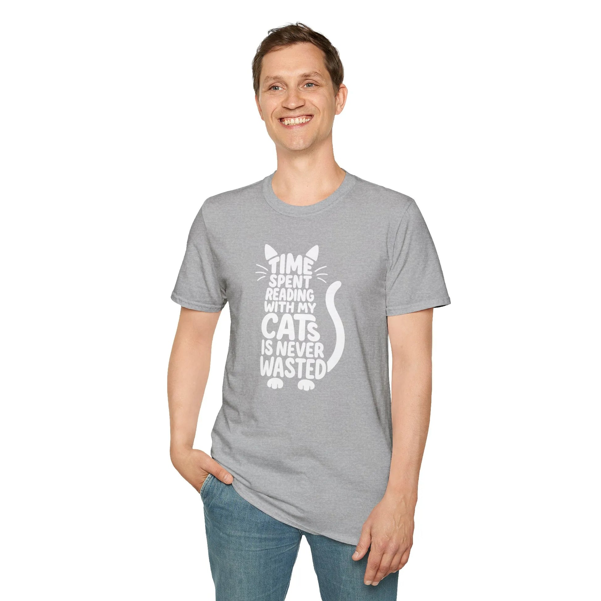 Man wearing a gray cat reading shirt with text: 'Time spent reading with my cats is never wasted' - perfect for book lovers.