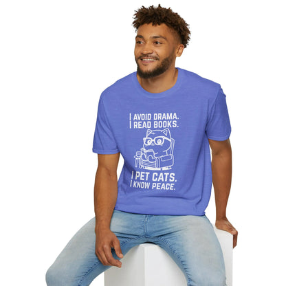 Unisex blue t-shirt featuring a cute cat graphic and text: 'I avoid drama. I read books. I pet cats. I know peace.' Perfect gift for book lovers.