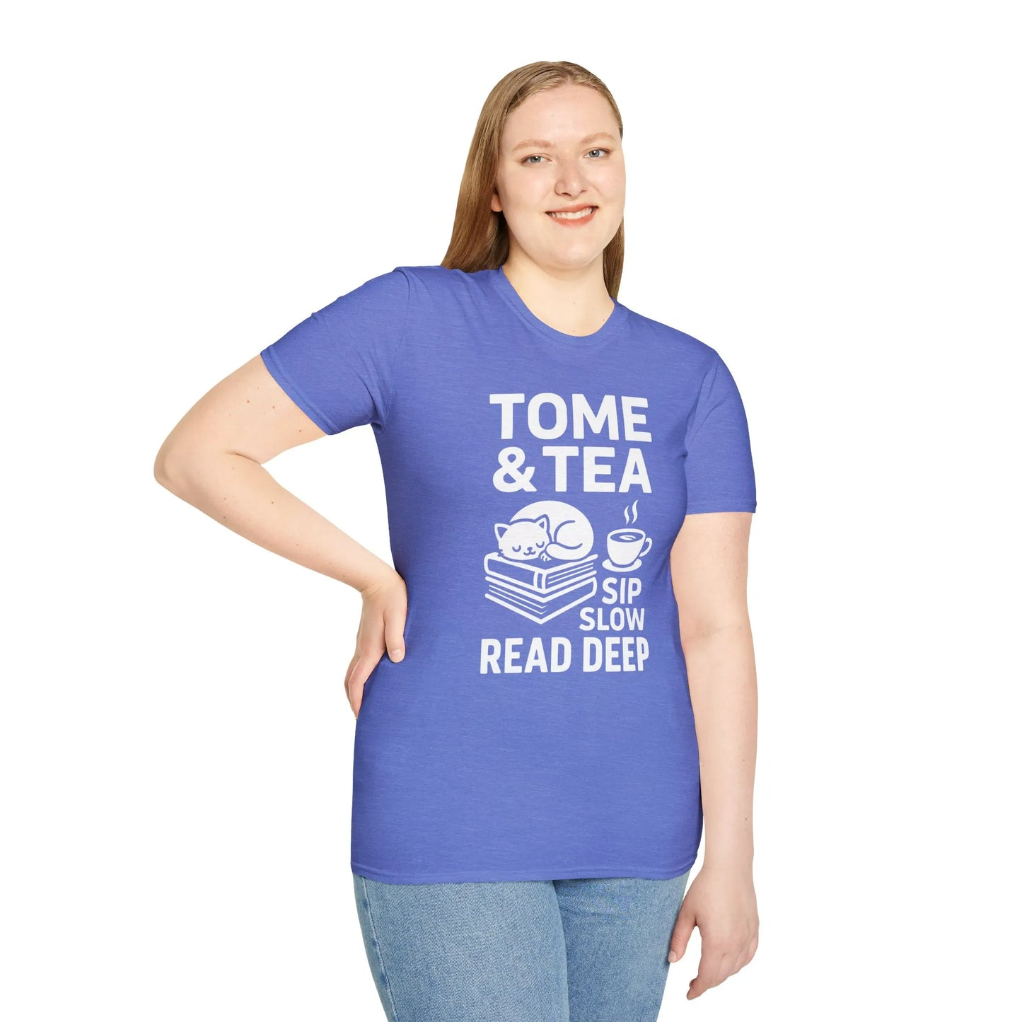 Tome & Tea T-shirt with a cozy cat on books, text: 'Sip Slow Read Deep'—perfect gift for book lovers, humor, and tea enthusiasts.