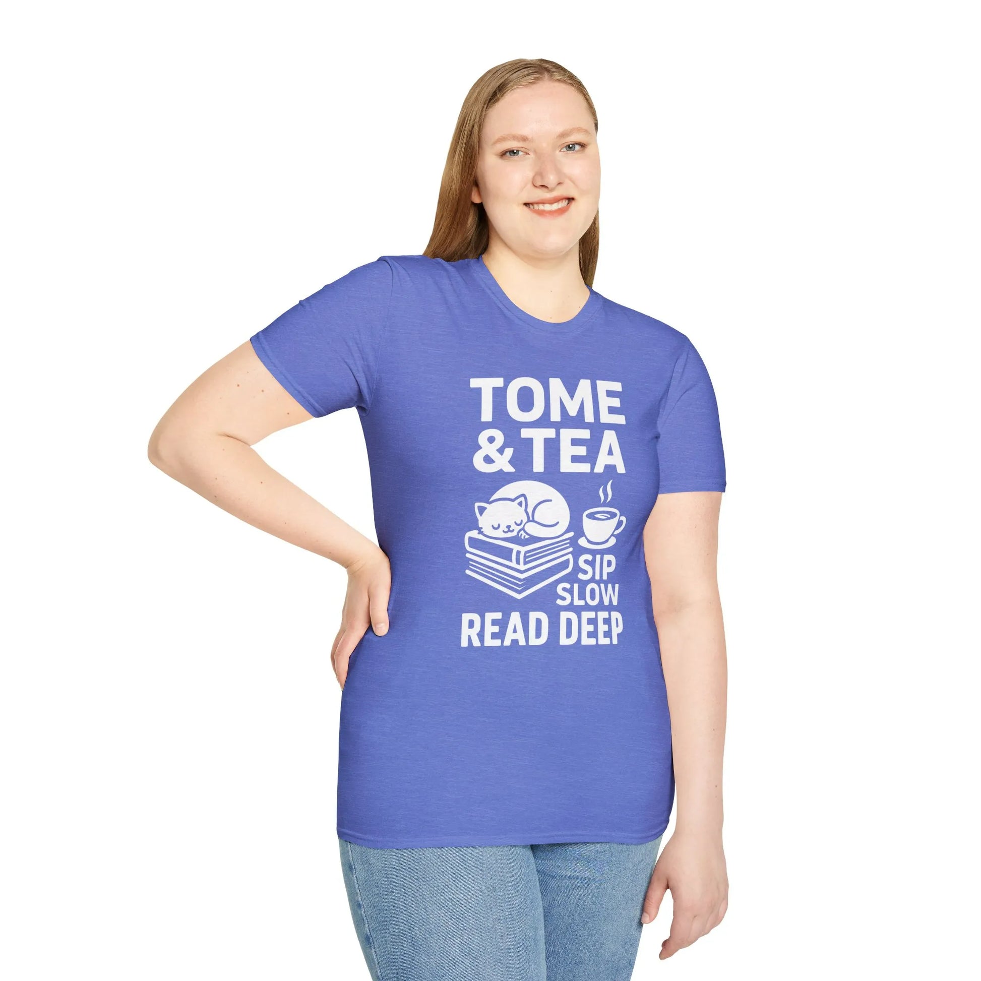 Tome & Tea T-shirt with a cozy cat on books, text: 'Sip Slow Read Deep'—perfect gift for book lovers, humor, and tea enthusiasts.