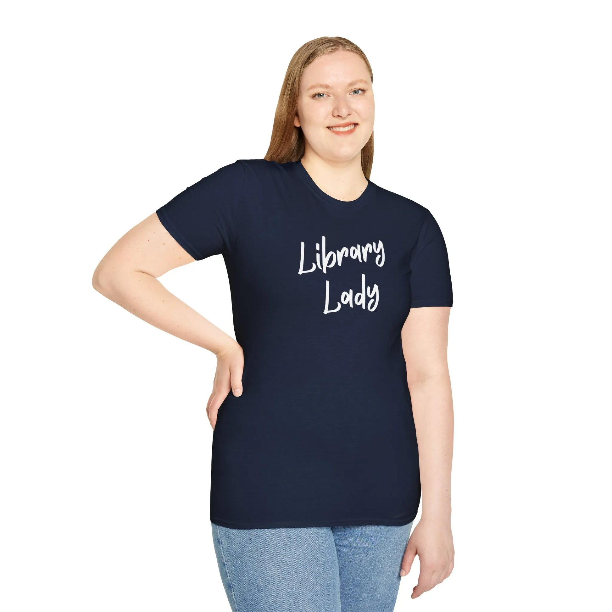 Library Lady T-Shirt in relaxed fit, unisex design. Perfect gift for readers and introverts, made from organic cotton. 📖