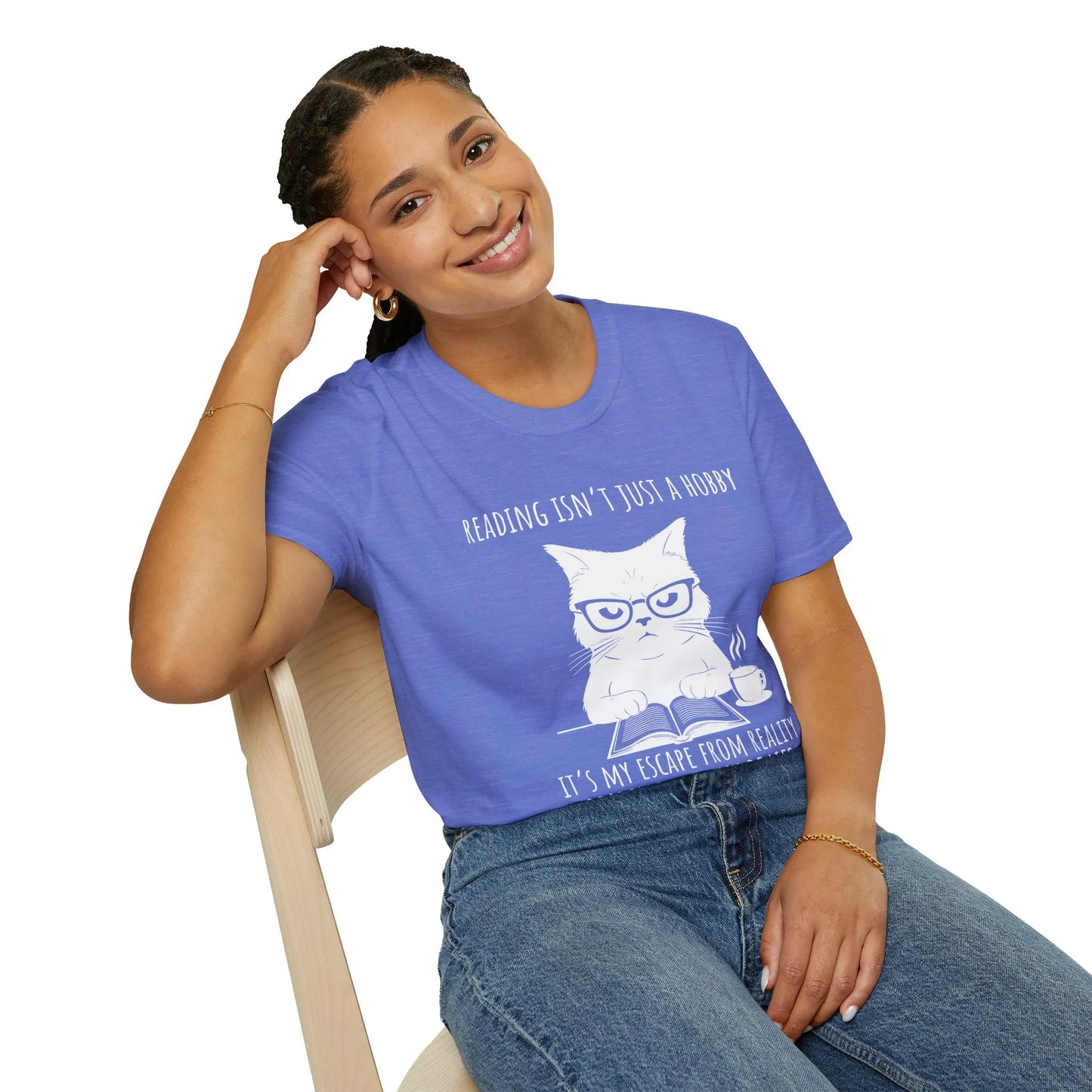 Funny reading shirt featuring a stylish cat in glasses with the text 'Reading isn’t just a hobby' – perfect gift for book lovers!