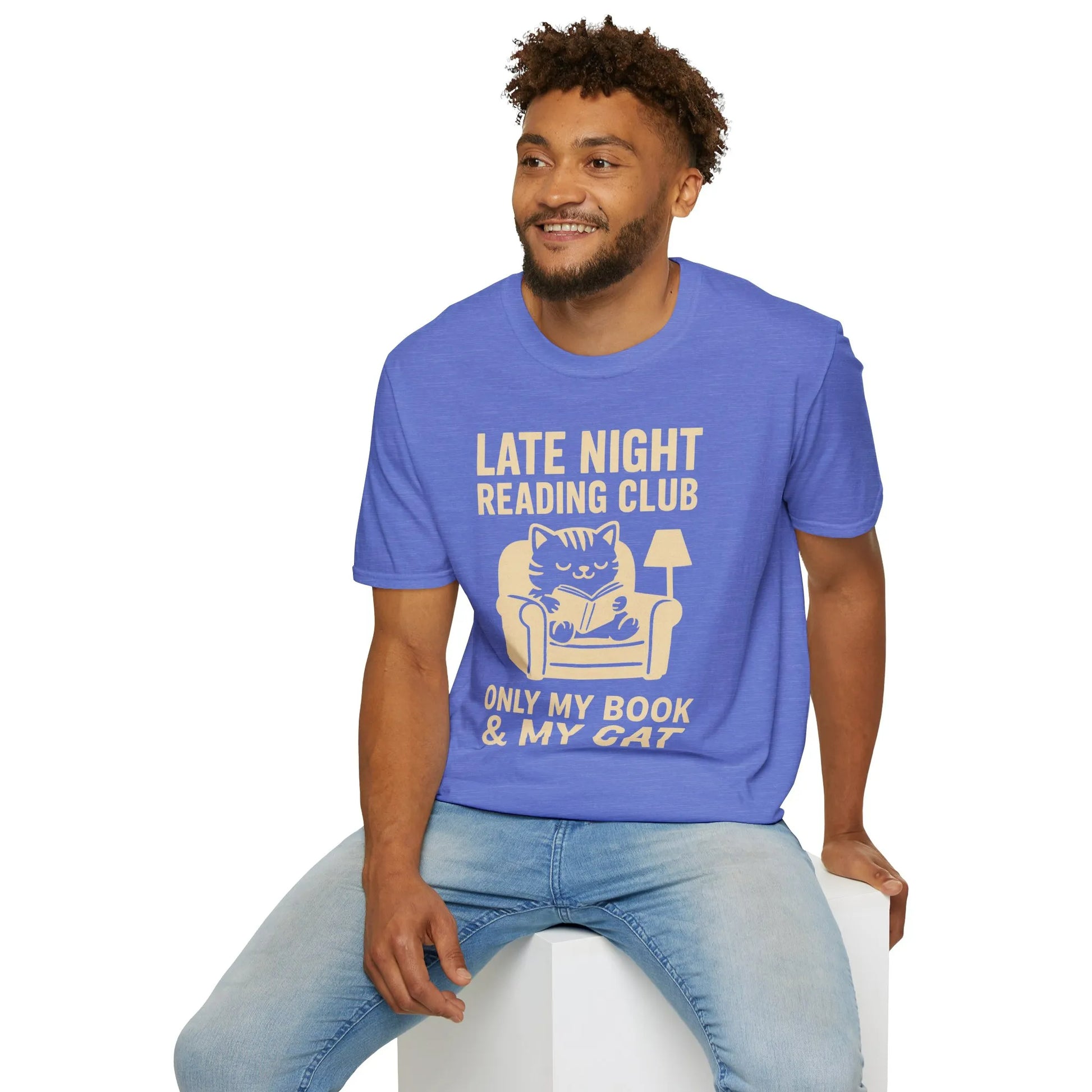Late Night Reading Club T-Shirt with a cozy cat and text "Only My Book & My Cat"; ideal for book lovers and cat enthusiasts.