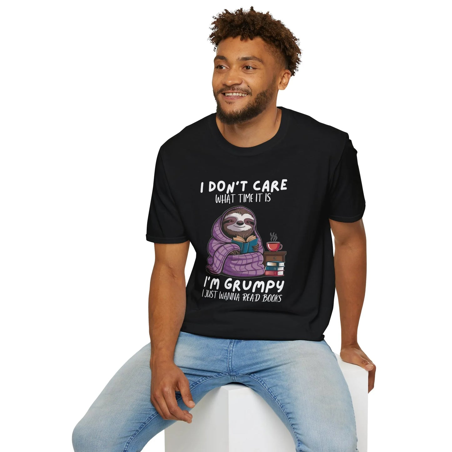 Grumpy Sloth, Book Lover T-Shirt featuring a cozy sloth design in organic cotton, perfect for introverts and book lovers 📖.