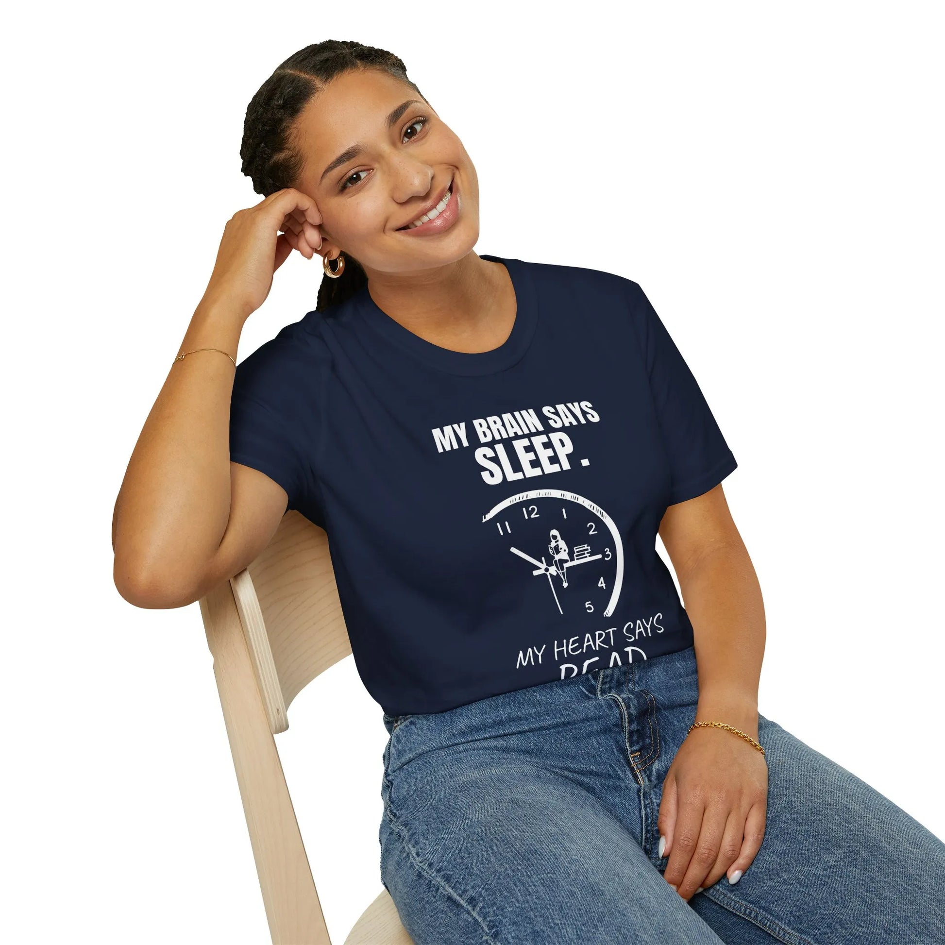 Funny book lover shirt featuring a clock with "My brain says sleep, my heart says read" — perfect for cozy readers!