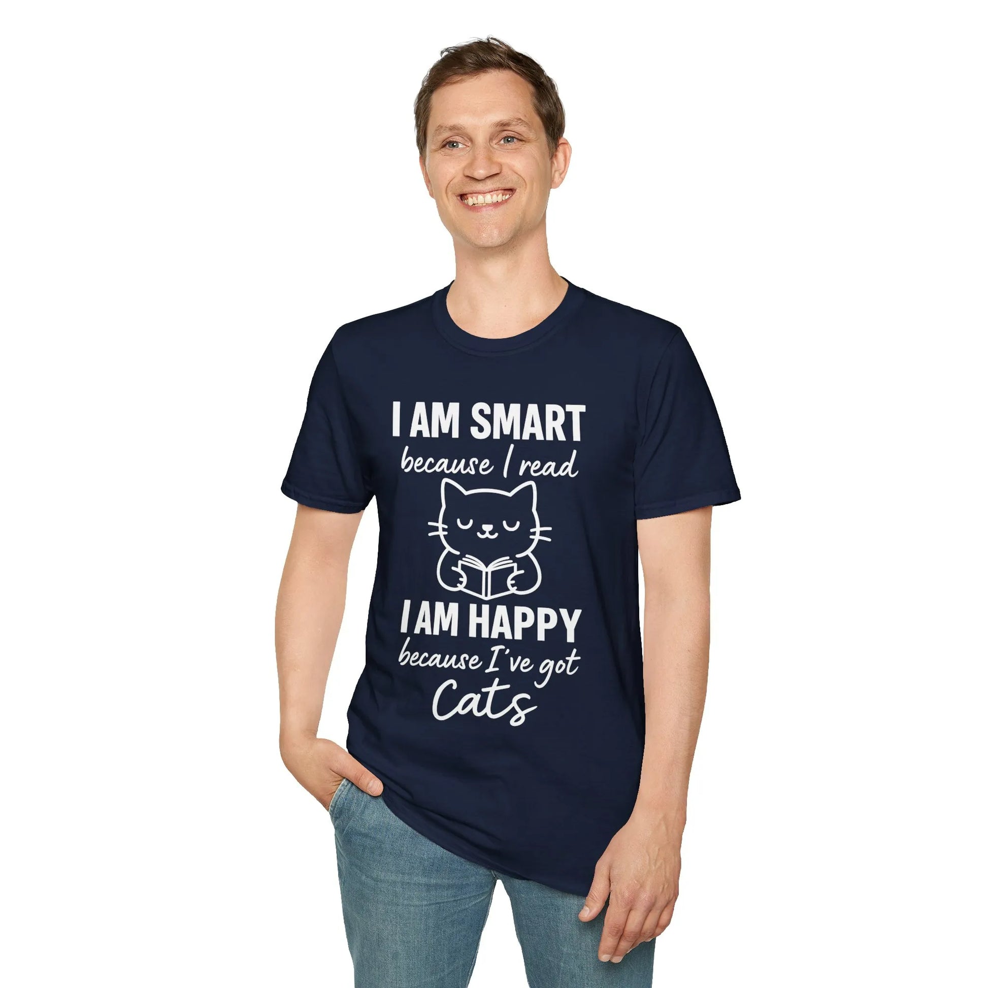 Adult wearing a navy blue 'I Am Smart & Happy' shirt with a cat graphic and bookish humor, perfect for book lovers.