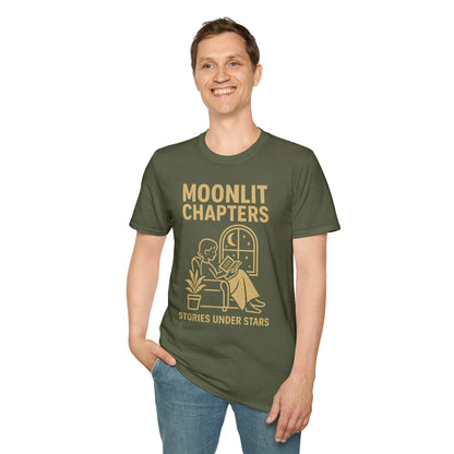 Moonlit Chapters T-Shirt features a cozy reader under stars; perfect gift for book lovers, cat fans, and cozy nights.