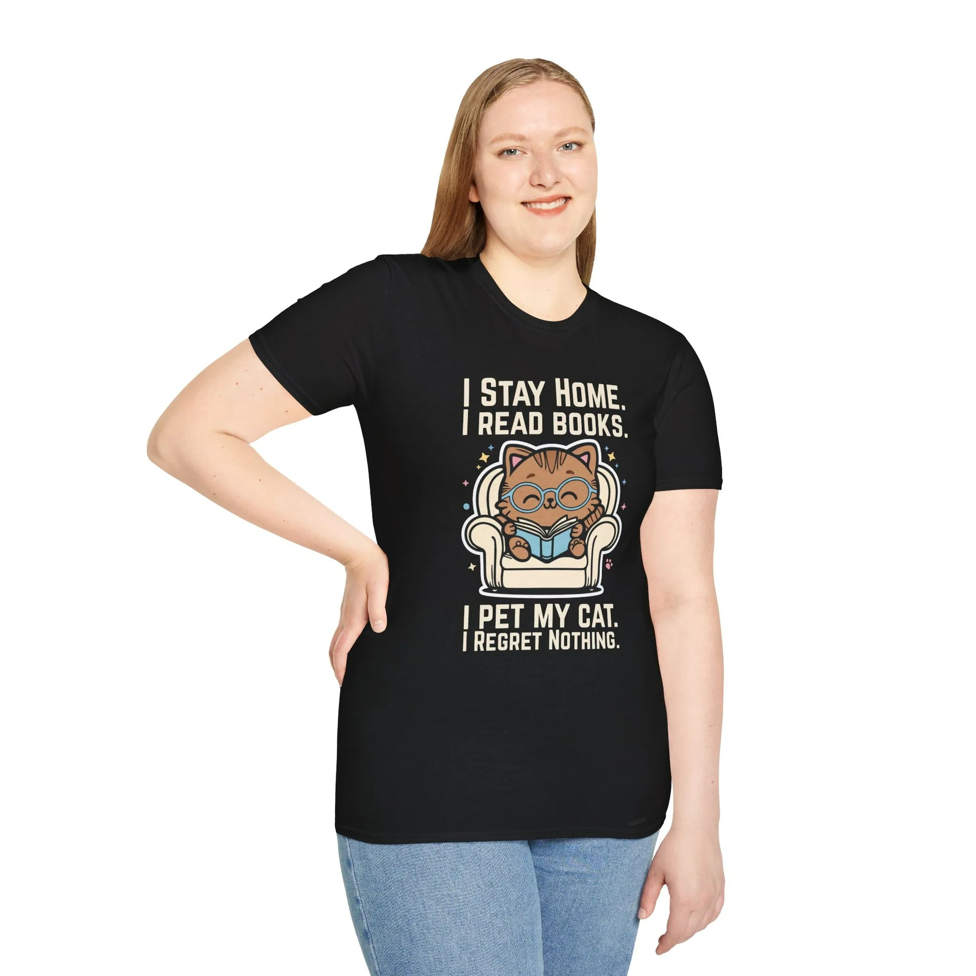 Starry Cat Reader T-Shirt featuring a cozy cat in glasses, reading a book with the text: 'I Stay Home, I Read Books, I Pet My Cat. I Regret Nothing.'