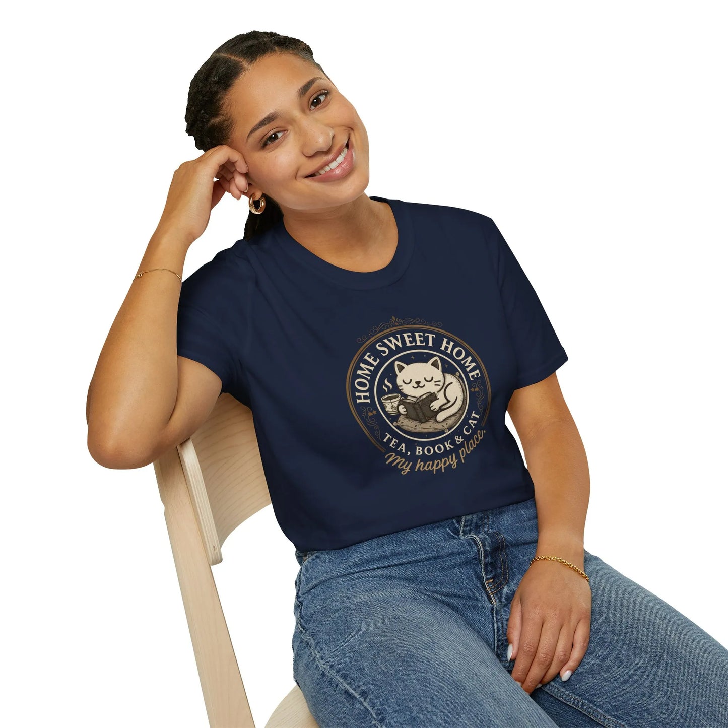 Happy Place Reader T-Shirt featuring a smiling cat design with text 'Home Sweet Home, Tea, Book, Cat, My Happy Place' for cozy book lovers.