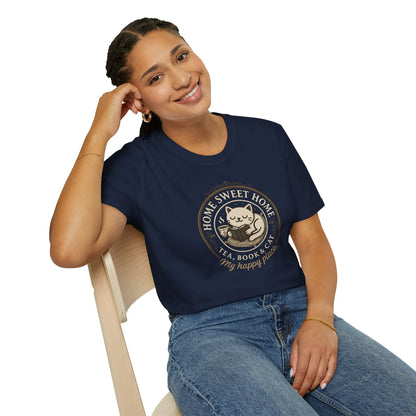 Happy Place Reader T-Shirt featuring a smiling cat design with text 'Home Sweet Home, Tea, Book, Cat, My Happy Place' for cozy book lovers.