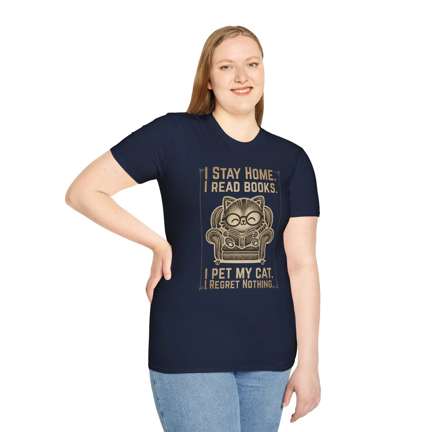 Vintage Cat Reader T-Shirt featuring a cozy cat illustration, saying "I stay home. I read books. I pet my cat. Regret nothing." Perfect for book lovers.