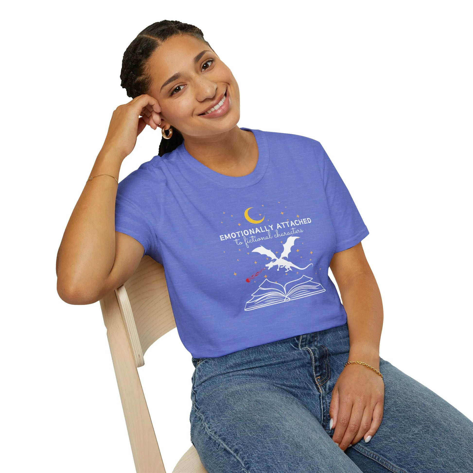 Fictional Characters T-Shirt featuring a dragon and open book design, relaxed fit unisex tee, ideal gift for book lovers 📖.