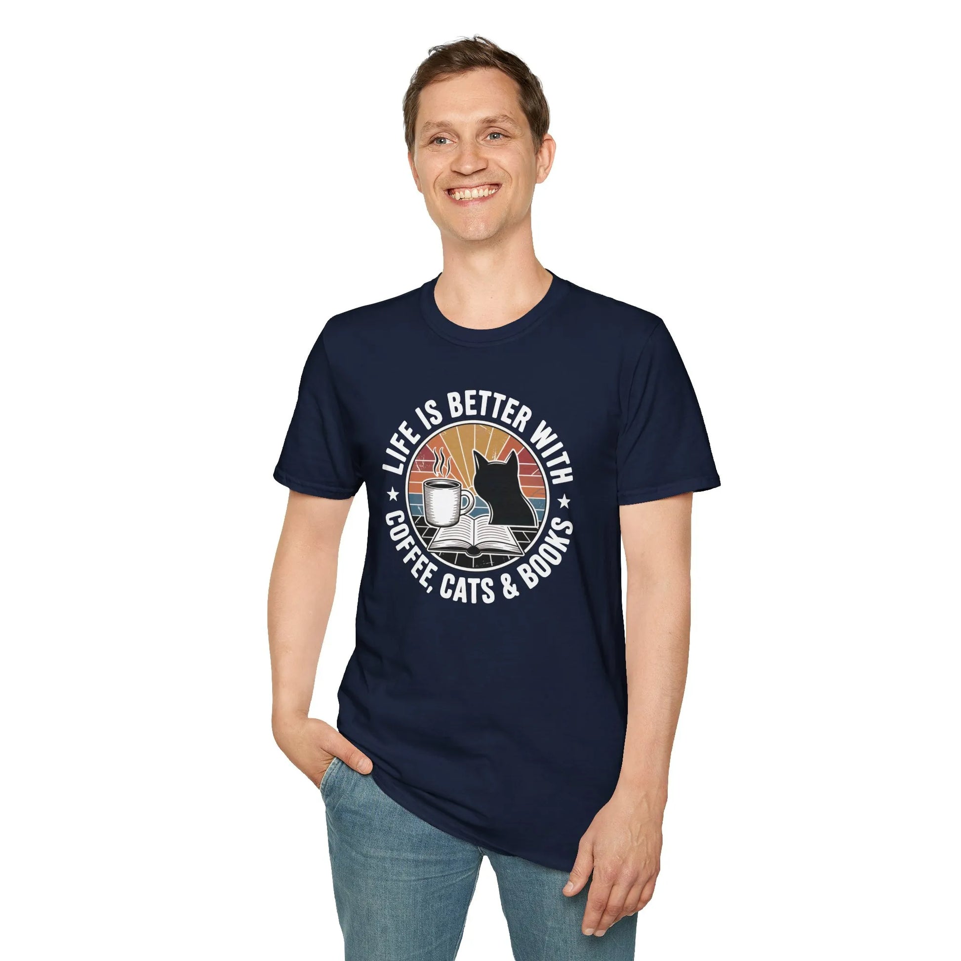 Funny book lover shirt featuring a cat, coffee, and the text 'Life is better with coffee, cats & books'. Perfect gift for cozy readers!