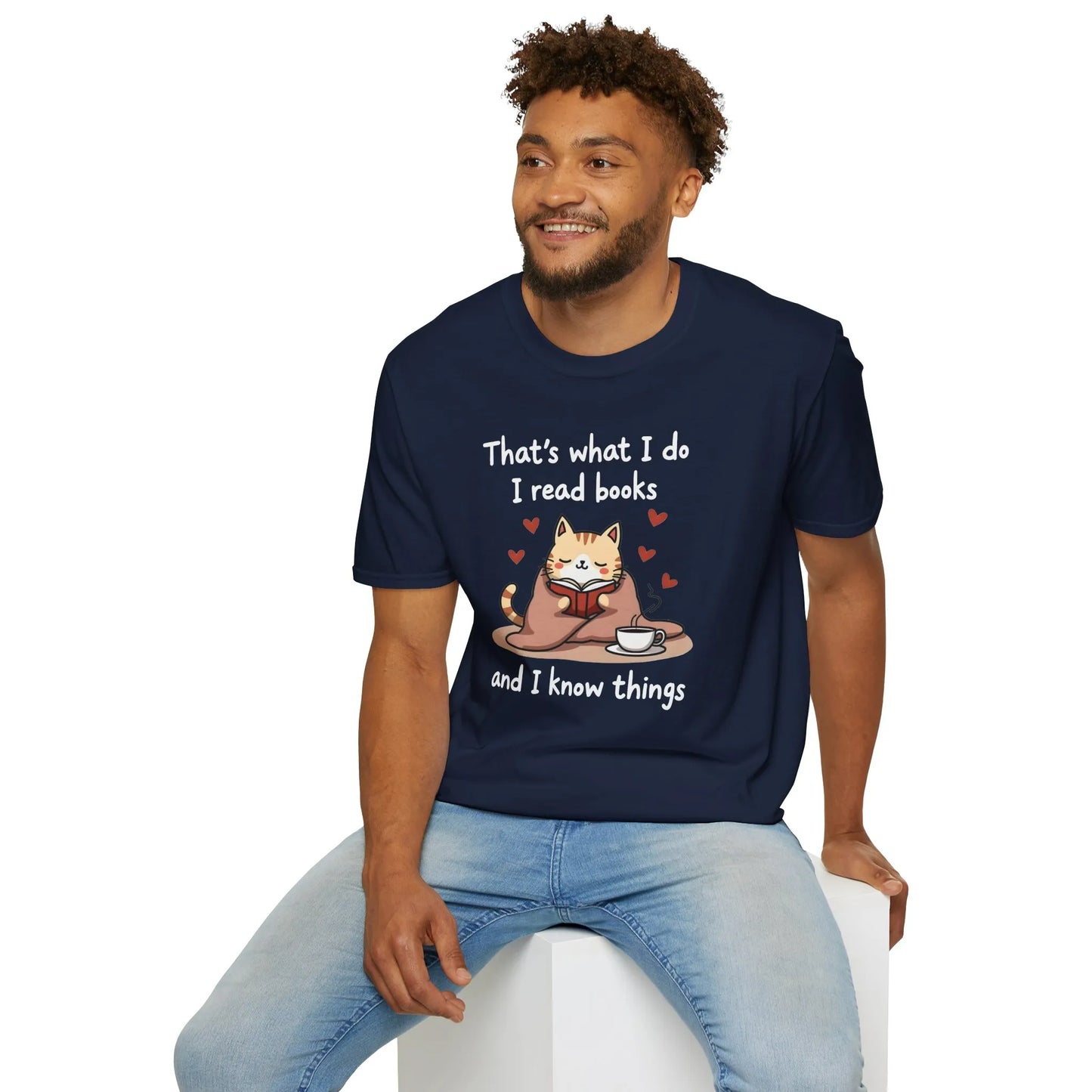 Cozy Kitty Reads T-Shirt featuring a cat with a book and coffee, perfect gift for book lovers and cat enthusiasts.