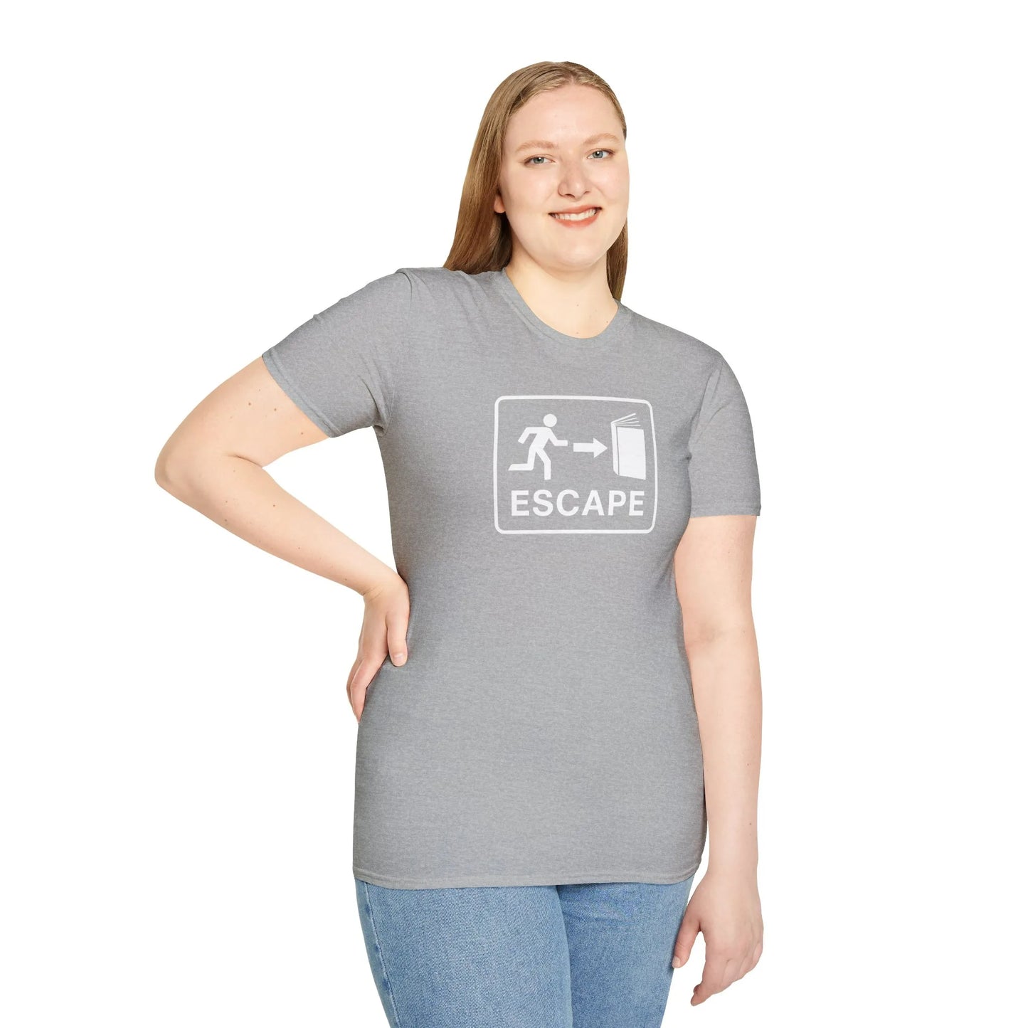 Funny reading tee featuring an 'ESCAPE' graphic, perfect for book lovers and cozying up with cats, coffee, or tea.
