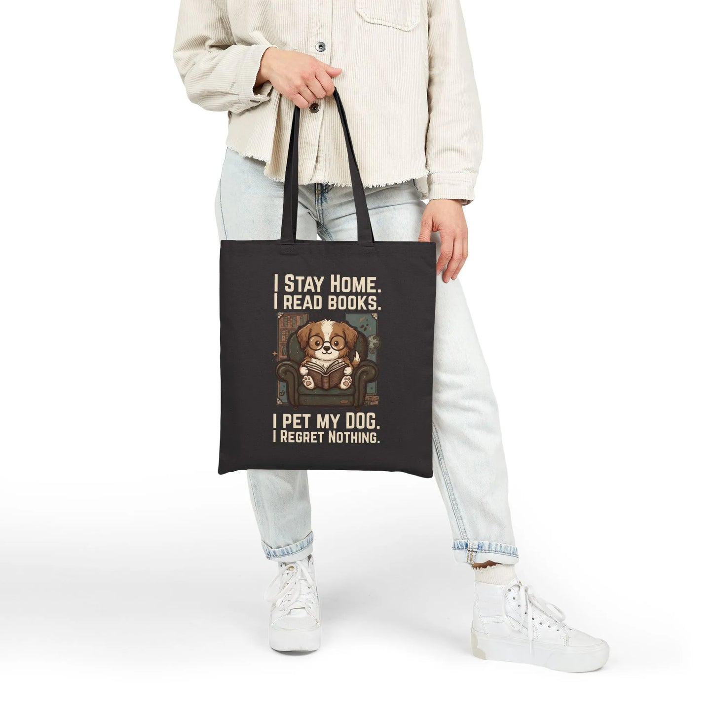 Library Dog Reader Tote Bag featuring a cute dog reading a book, perfect for cozy reading and dog lovers.