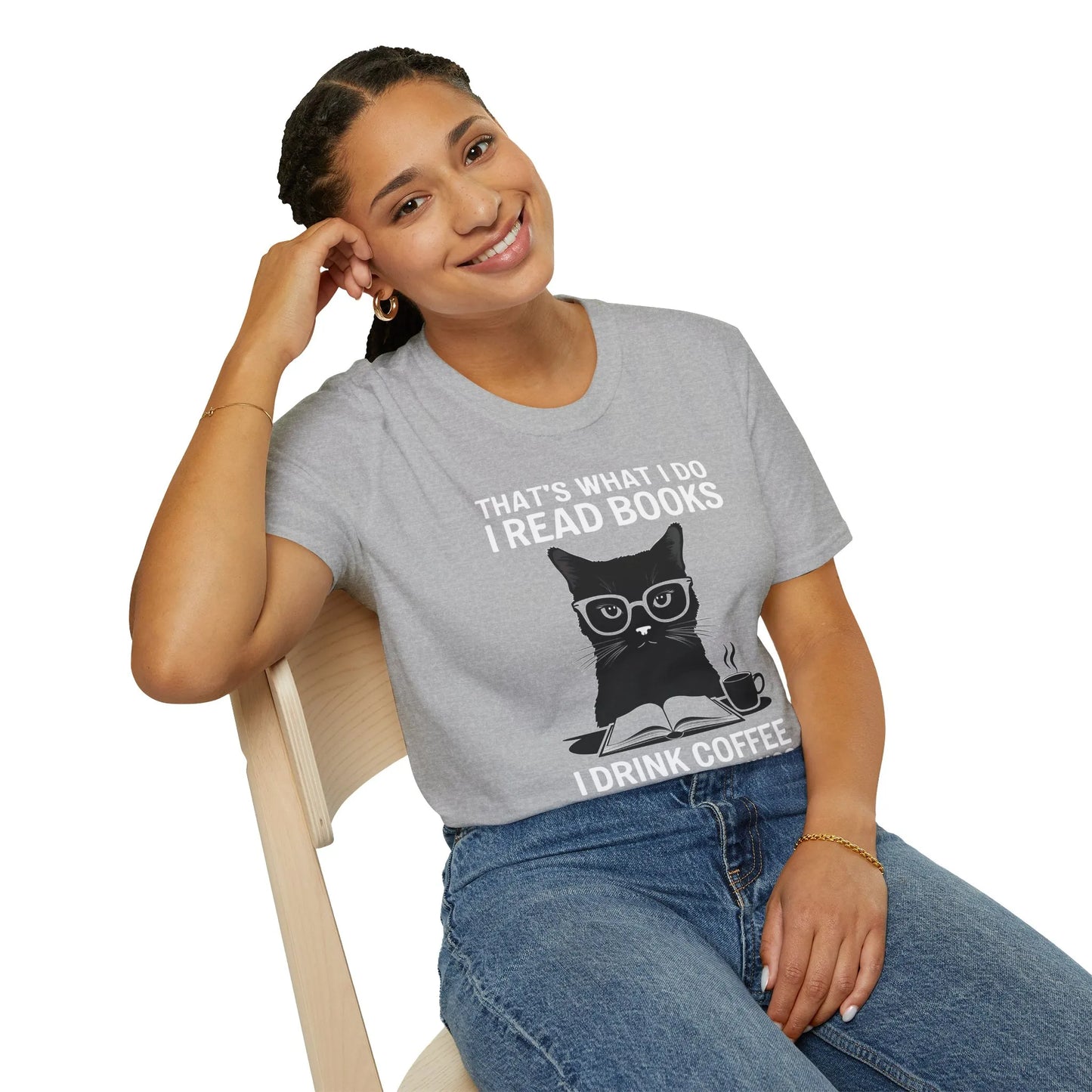 Funny cat reading shirt featuring a black cat in glasses with "That's what I do, I read books, I drink coffee" design.