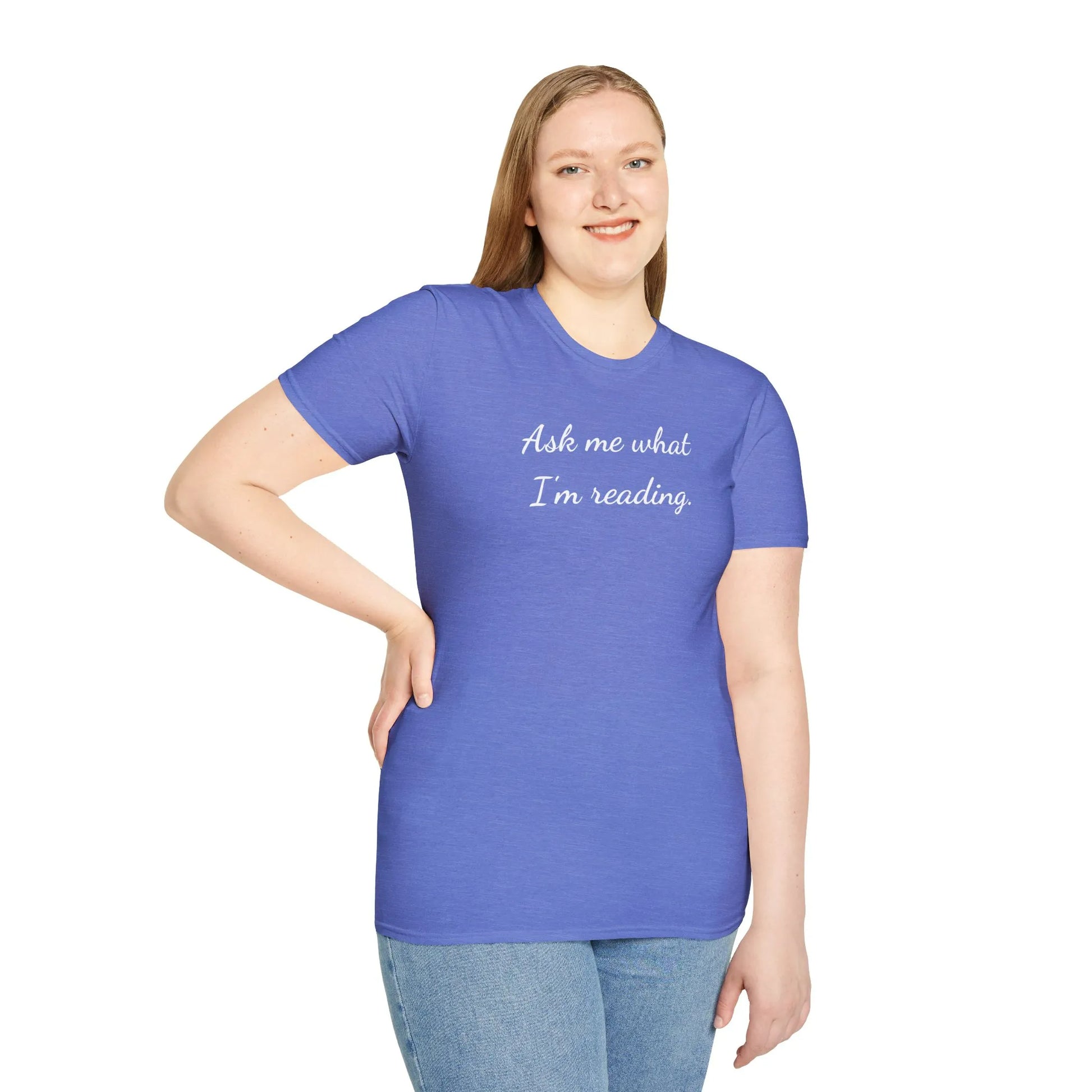 Ask Me T-Shirt in cozy blue, organic cotton, relaxed fit perfect for book lovers and introverts, ideal gift for readers 📖.