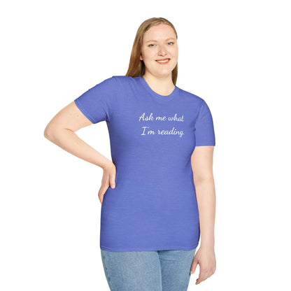 Ask Me T-Shirt in cozy blue, organic cotton, relaxed fit perfect for book lovers and introverts, ideal gift for readers 📖.
