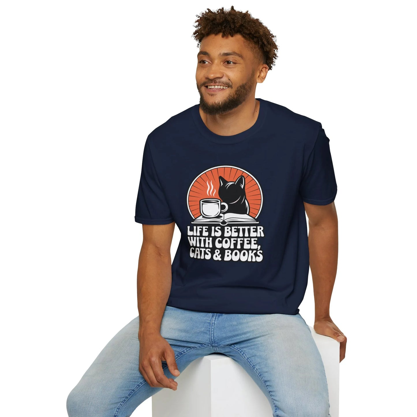 Cozy Coffee, Cats & Chapters T-Shirt in relaxed fit, perfect gift for book lovers ☕📖. Ideal for introverts and reading enthusiasts.