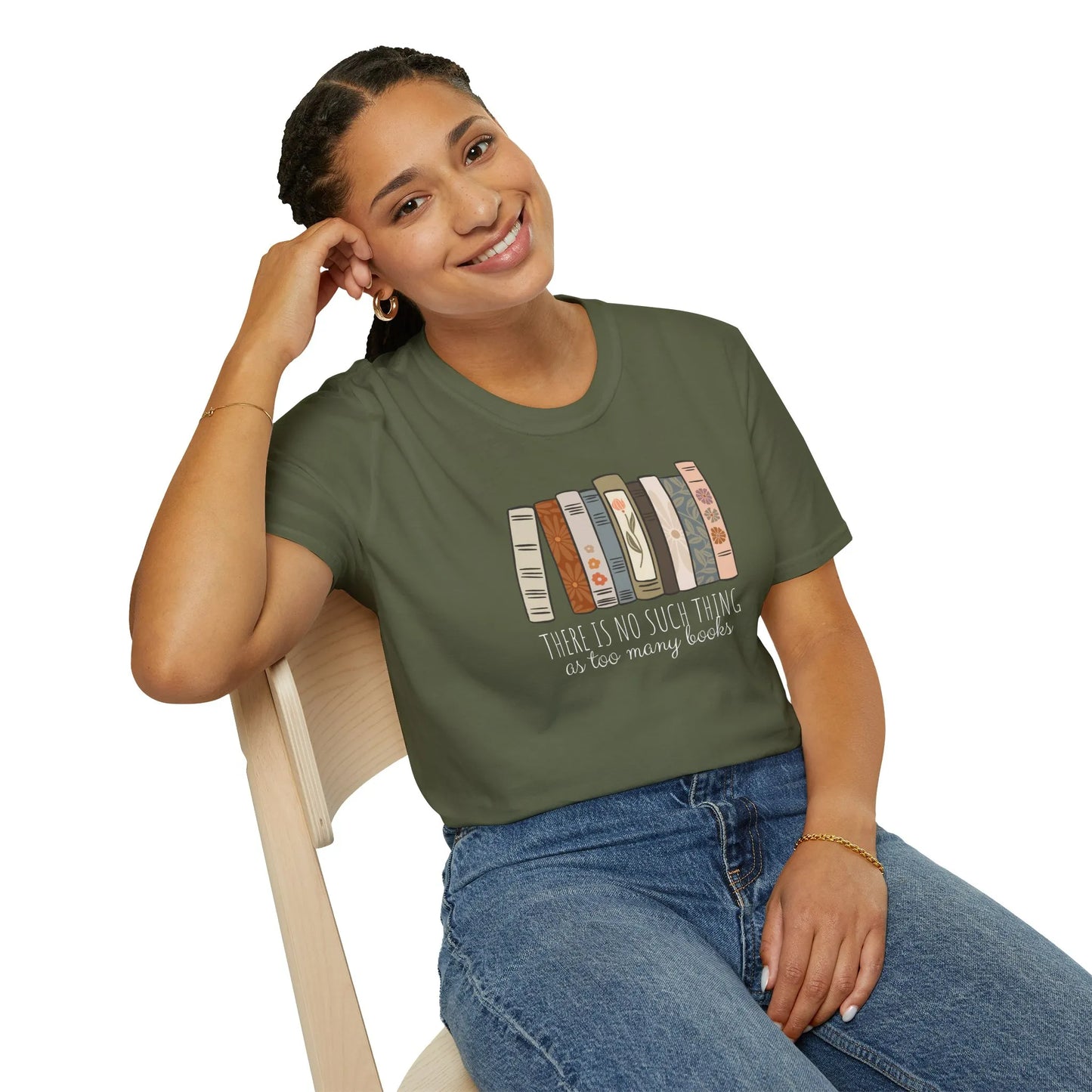 Too Many Books T-Shirt in organic cotton; relaxed fit unisex shirt with colorful book spines; perfect cozy reading outfit 📖