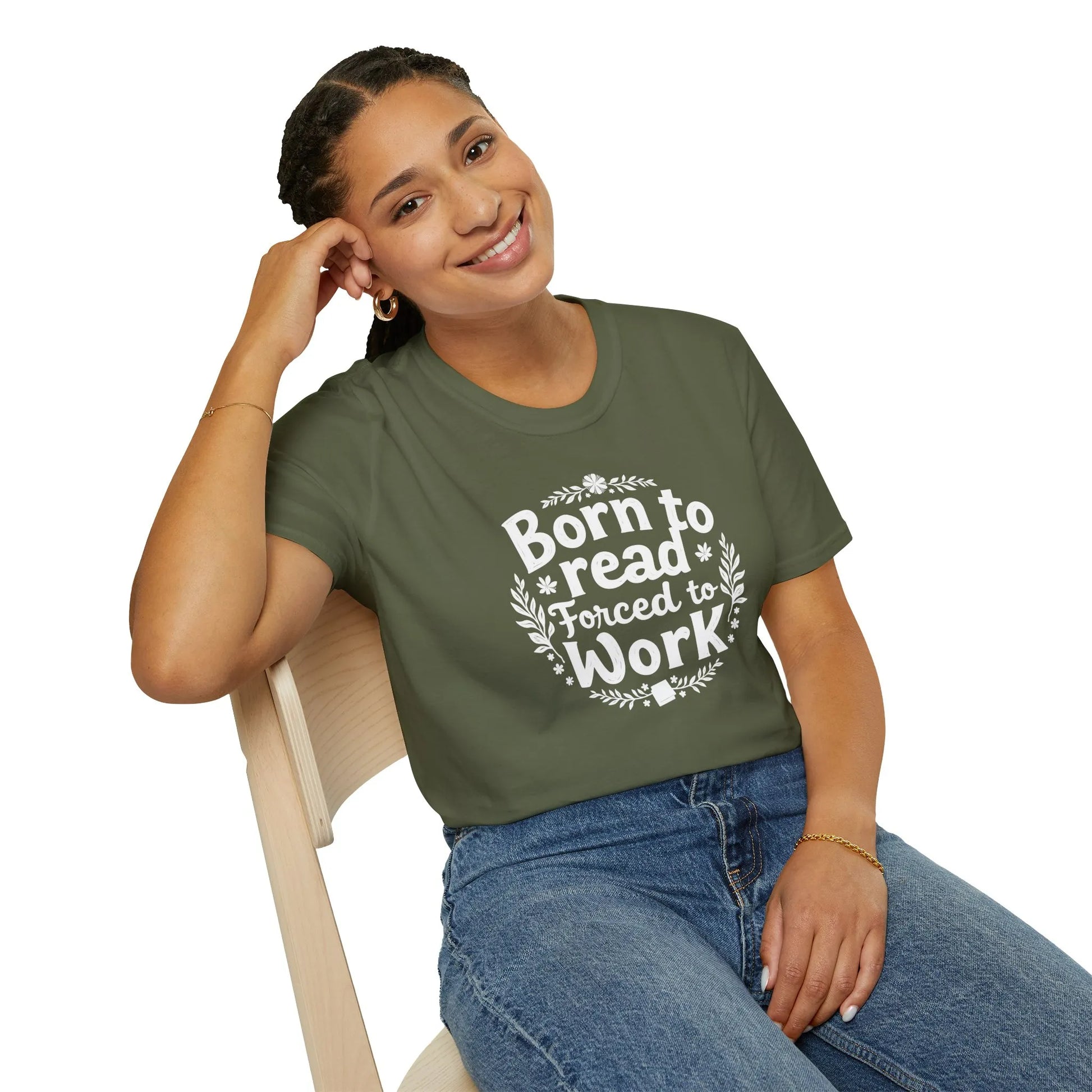 Alt Tag: Ink & Imagination T-Shirt in dark green, relaxed fit, perfect for book lovers 📖 and introverts. Organic cotton bookish tee!