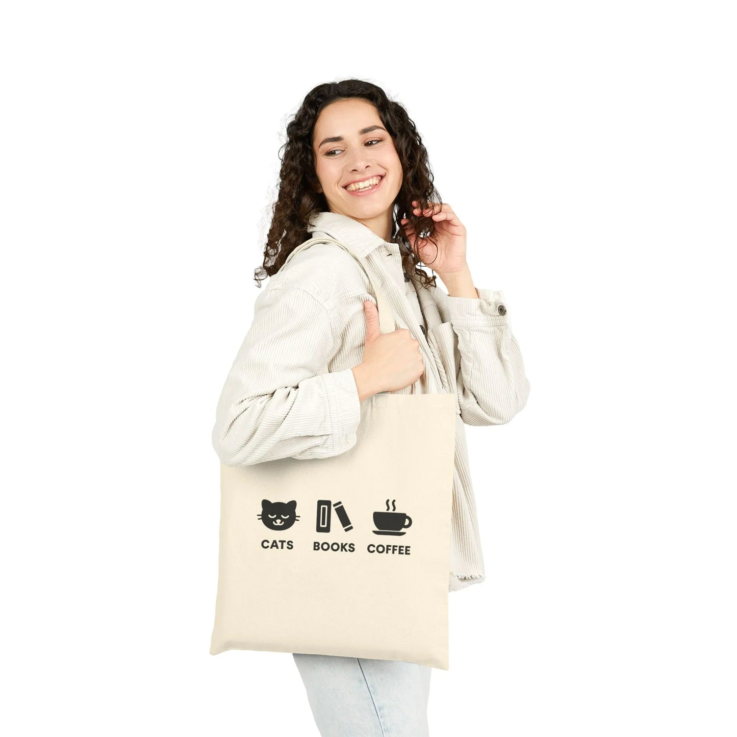 Holy Trinity Tote Bag featuring cats, books, and coffee icons, perfect for book lovers and cozy-life enthusiasts.
