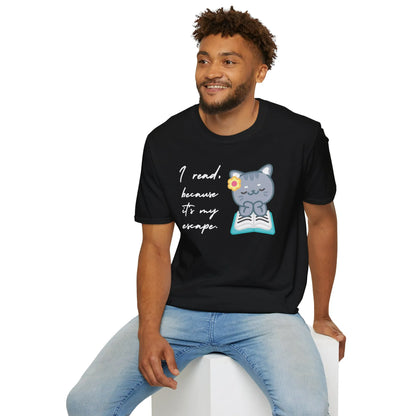 Escape into Books T-Shirt featuring a cute cat above an open book, perfect cozy reading outfit for book lovers and introverts. 📖