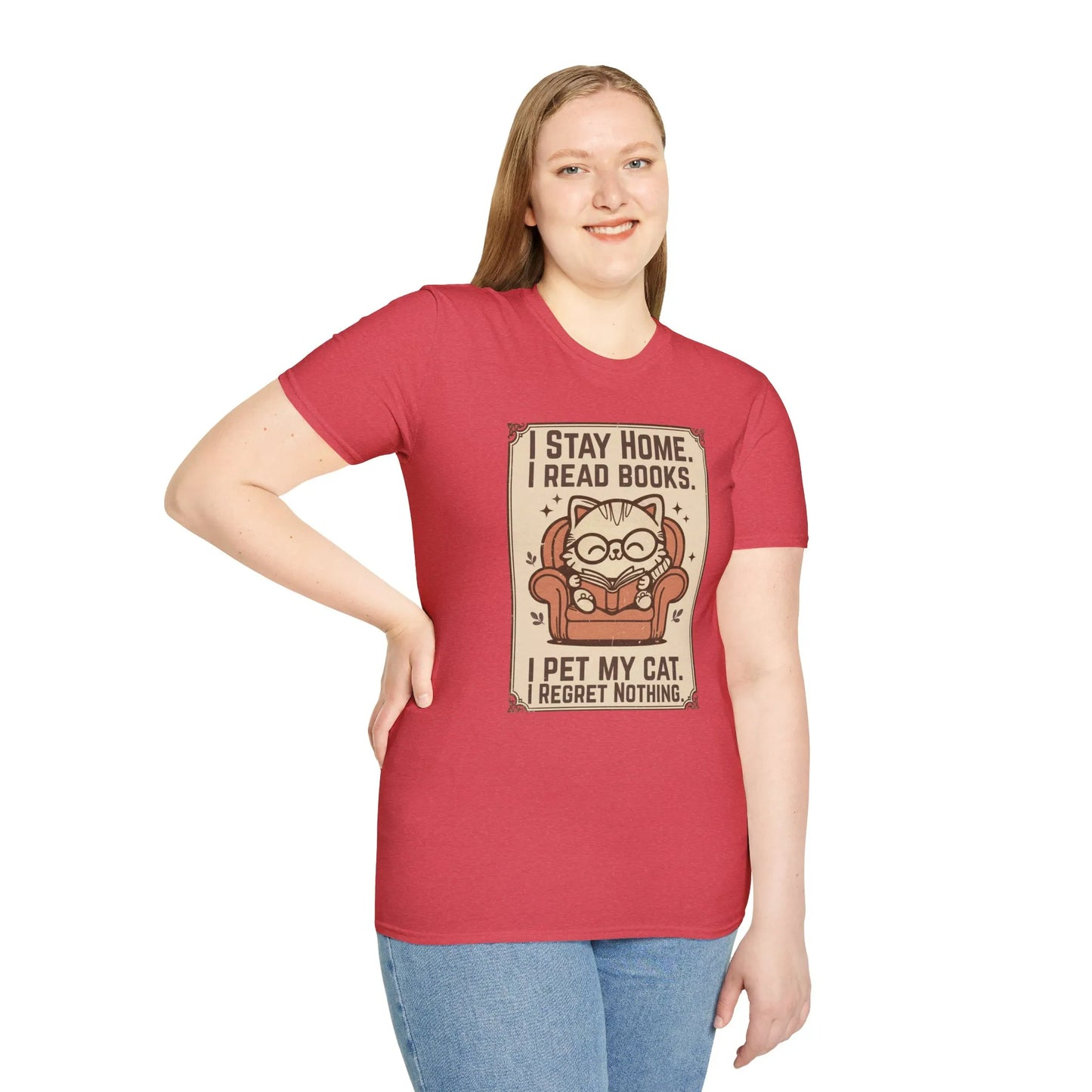 Poster Cat Reader T-Shirt featuring a cat in glasses reading on an armchair with text, perfect gift for book lovers.