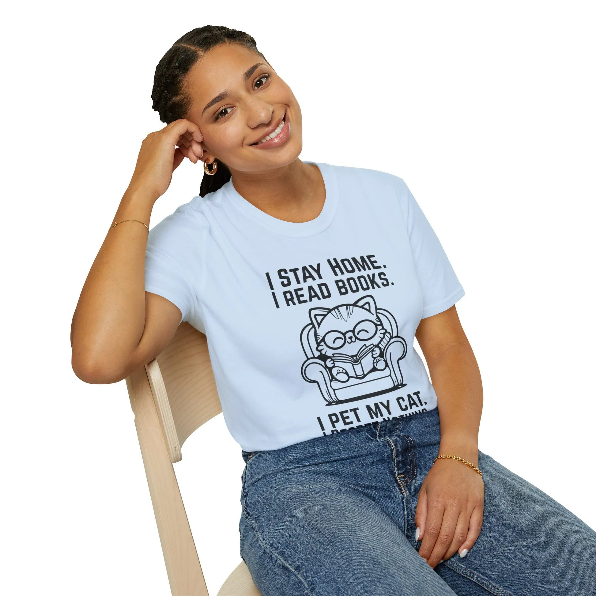 No Regrets, Just Cats T-Shirt featuring a cozy cat illustration and playful text for book lovers enjoying reading at home.