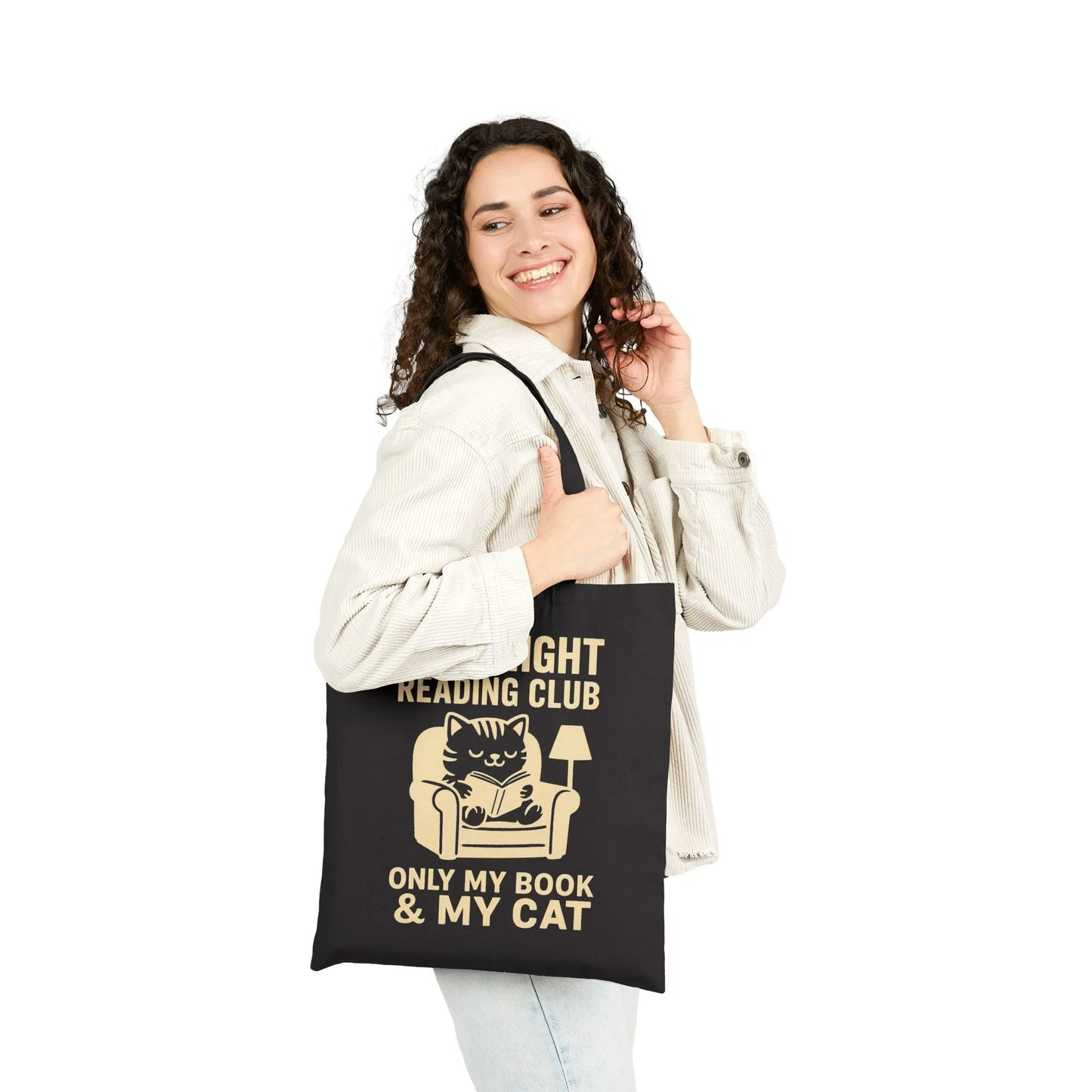 Charming Late Night Reading Club Tote Bag featuring a cozy cat illustration, perfect for book lovers and cat enthusiasts.