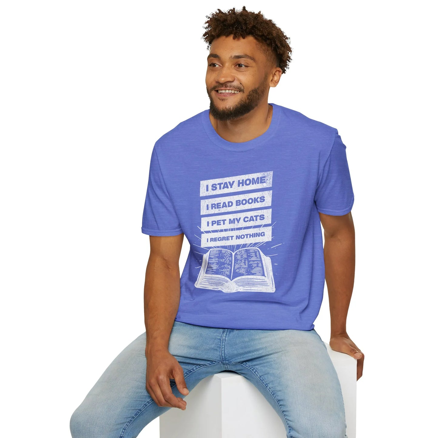 Stay Home Reader T-Shirt featuring playful text about reading and cats, perfect for cozy book lovers and a great gift for readers.