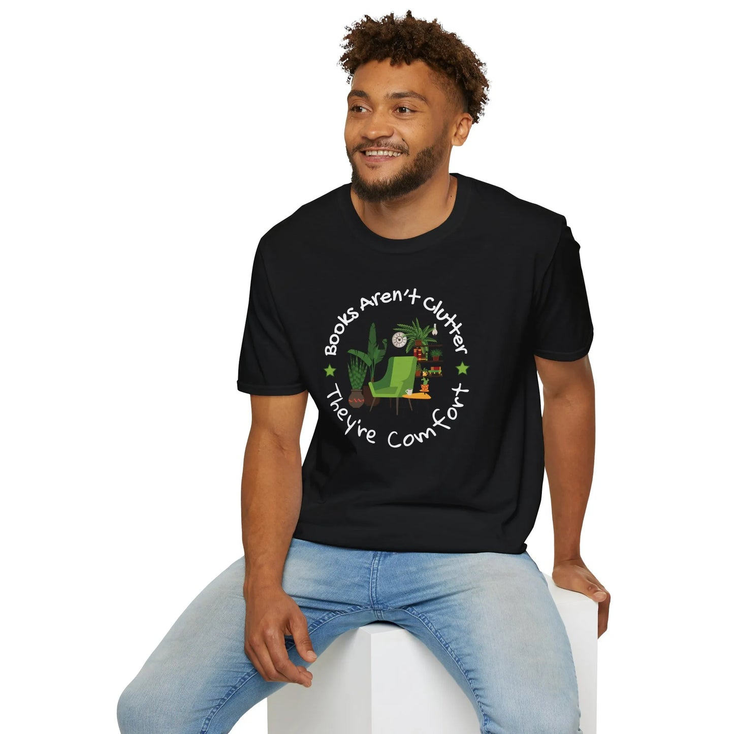 Bookish Comfort Zone T-Shirt featuring a cozy reading nook design. Relaxed fit unisex tee for book lovers 📖. Ideal gift!