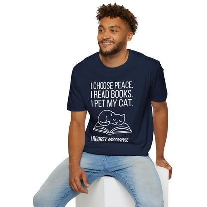 Funny book lover shirt featuring a cat on a book with text: 'I choose peace. I read books. I pet my cat. I regret nothing.'
