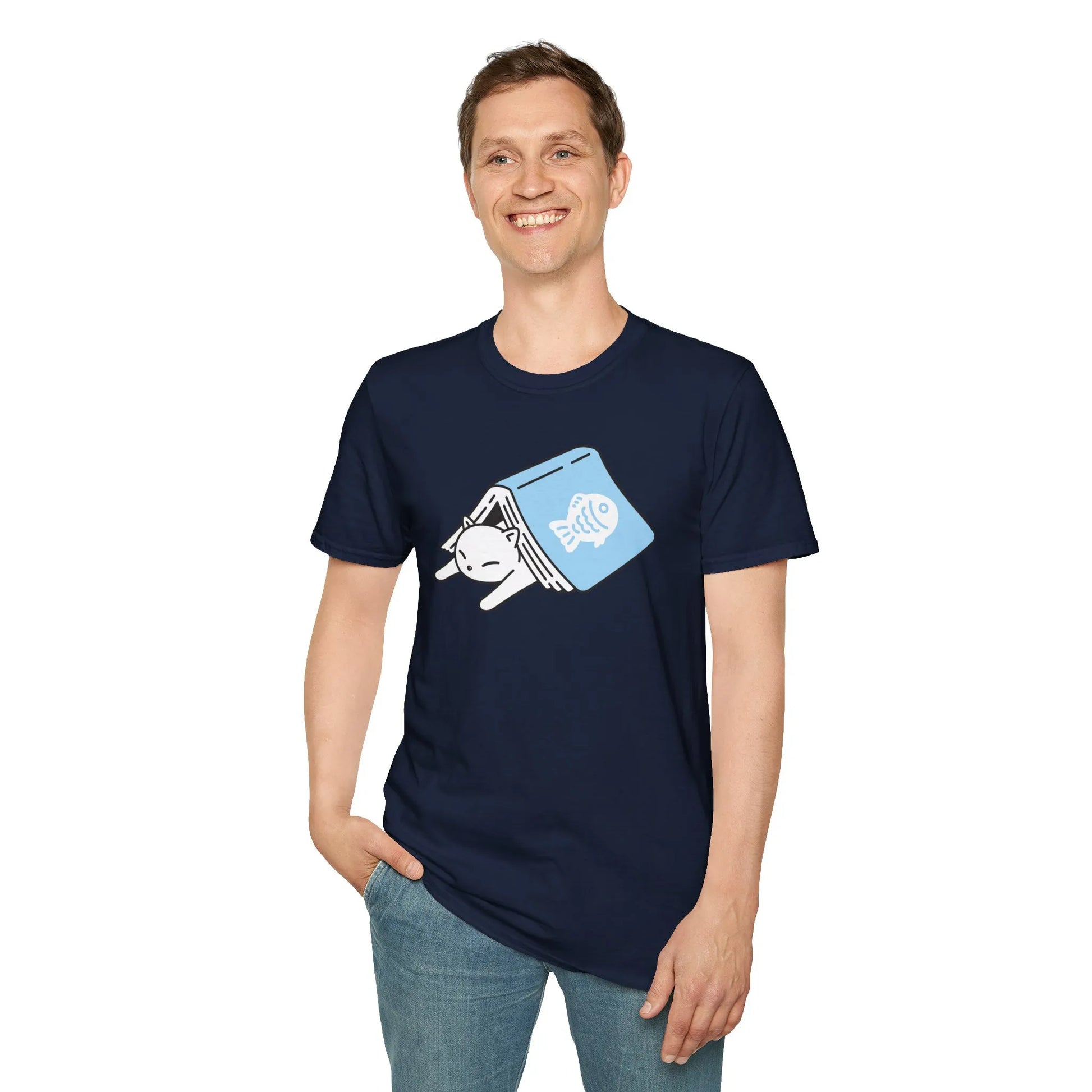 Cat Bookmark T-Shirt featuring an adorable cat under a book; a cozy, dark academia gift for book lovers in organic cotton.