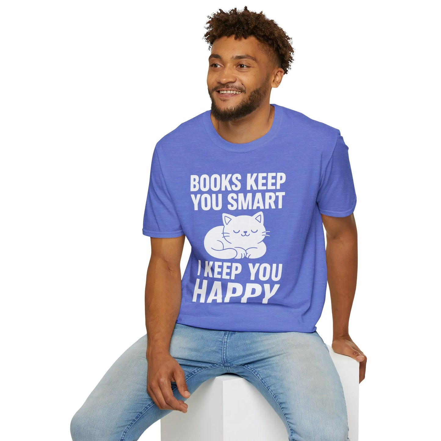 Funny book lover t-shirt with a cute cat illustration and text: 'Books keep you smart, I keep you happy.' Perfect for cozy reading!