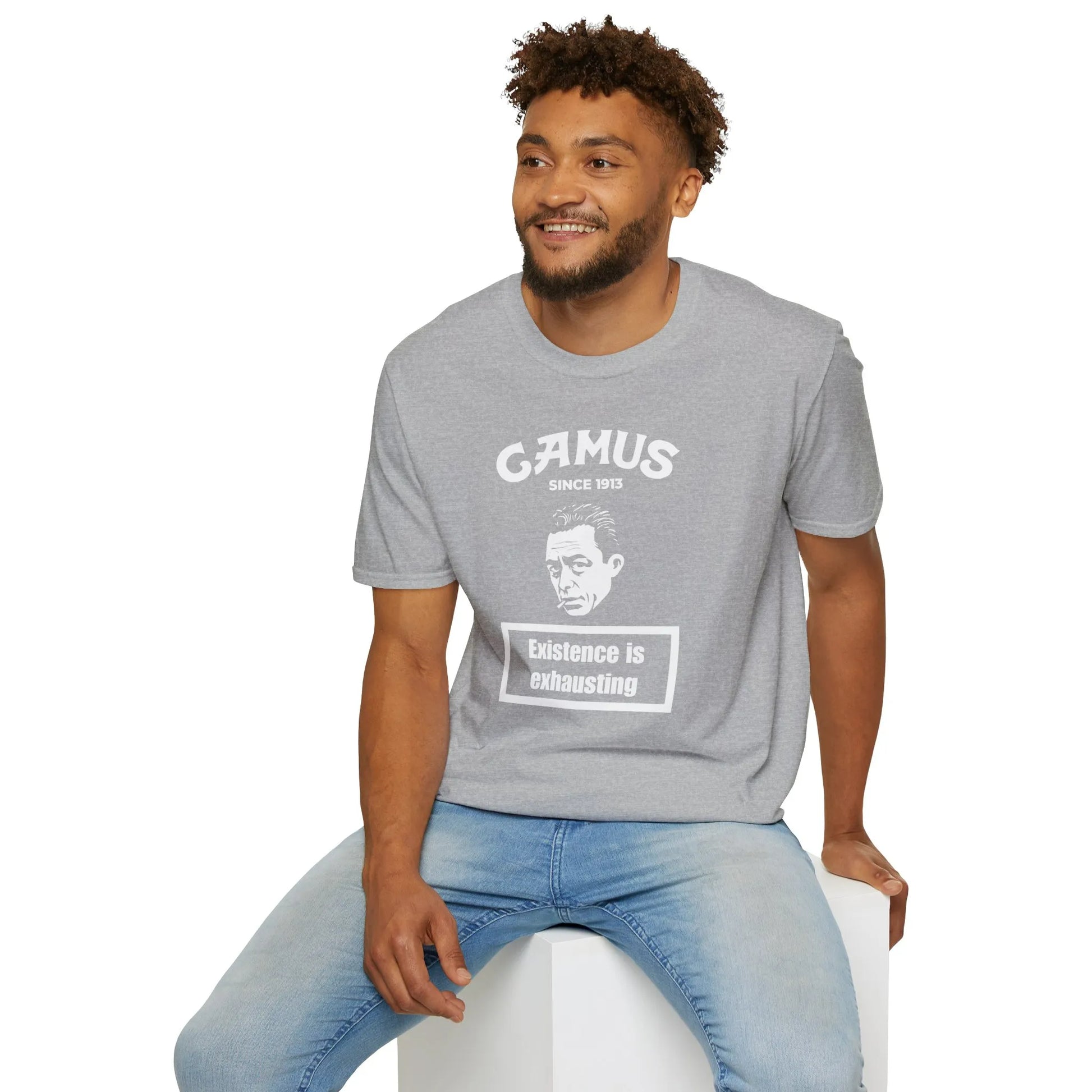 Gray Camus Energy Level T-Shirt with playful slogan 'Existence is exhausting', perfect for literary lovers and cozy readers.
