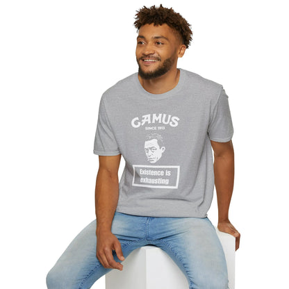 Gray Camus Energy Level T-Shirt with playful slogan 'Existence is exhausting', perfect for literary lovers and cozy readers.