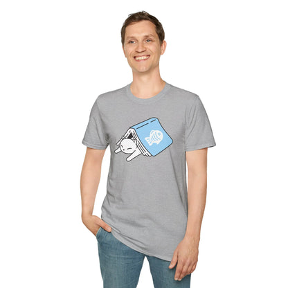 A smiling man wearing a gray t-shirt featuring a playful illustration of a cat peeking out of a book—a cozy gift for cat-loving readers.