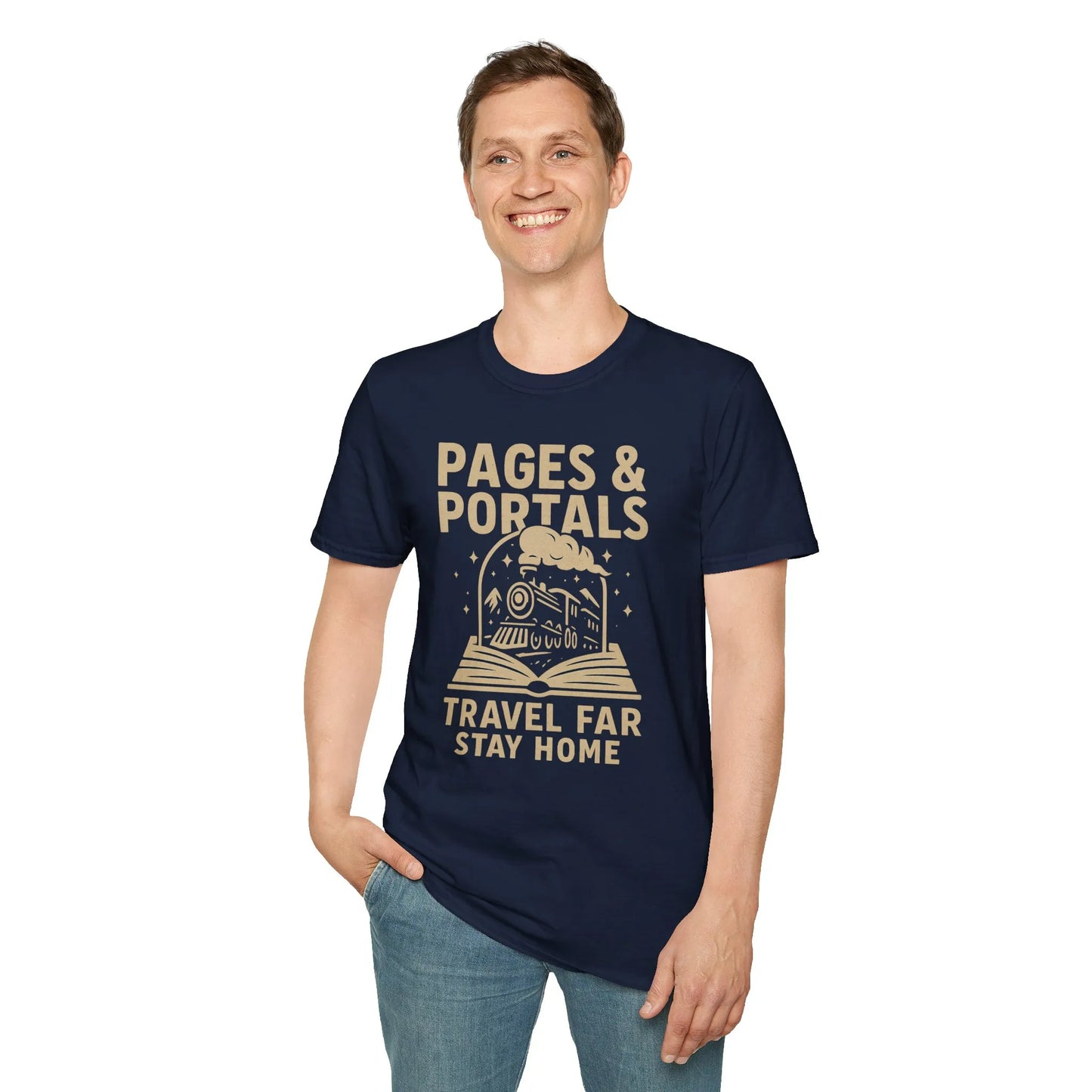 Man wearing a navy Pages & Portals T-shirt with a whimsical train from a book, perfect for book lovers and cozy gifts.