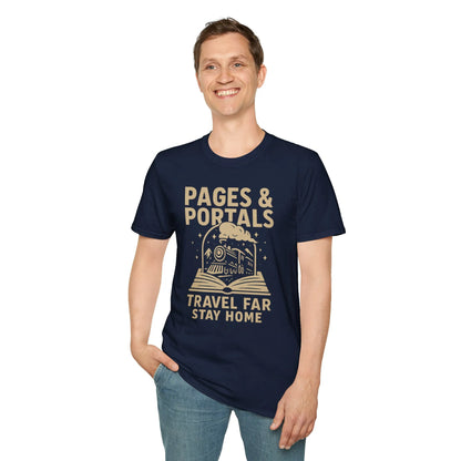 Man wearing a navy Pages & Portals T-shirt with a whimsical train from a book, perfect for book lovers and cozy gifts.