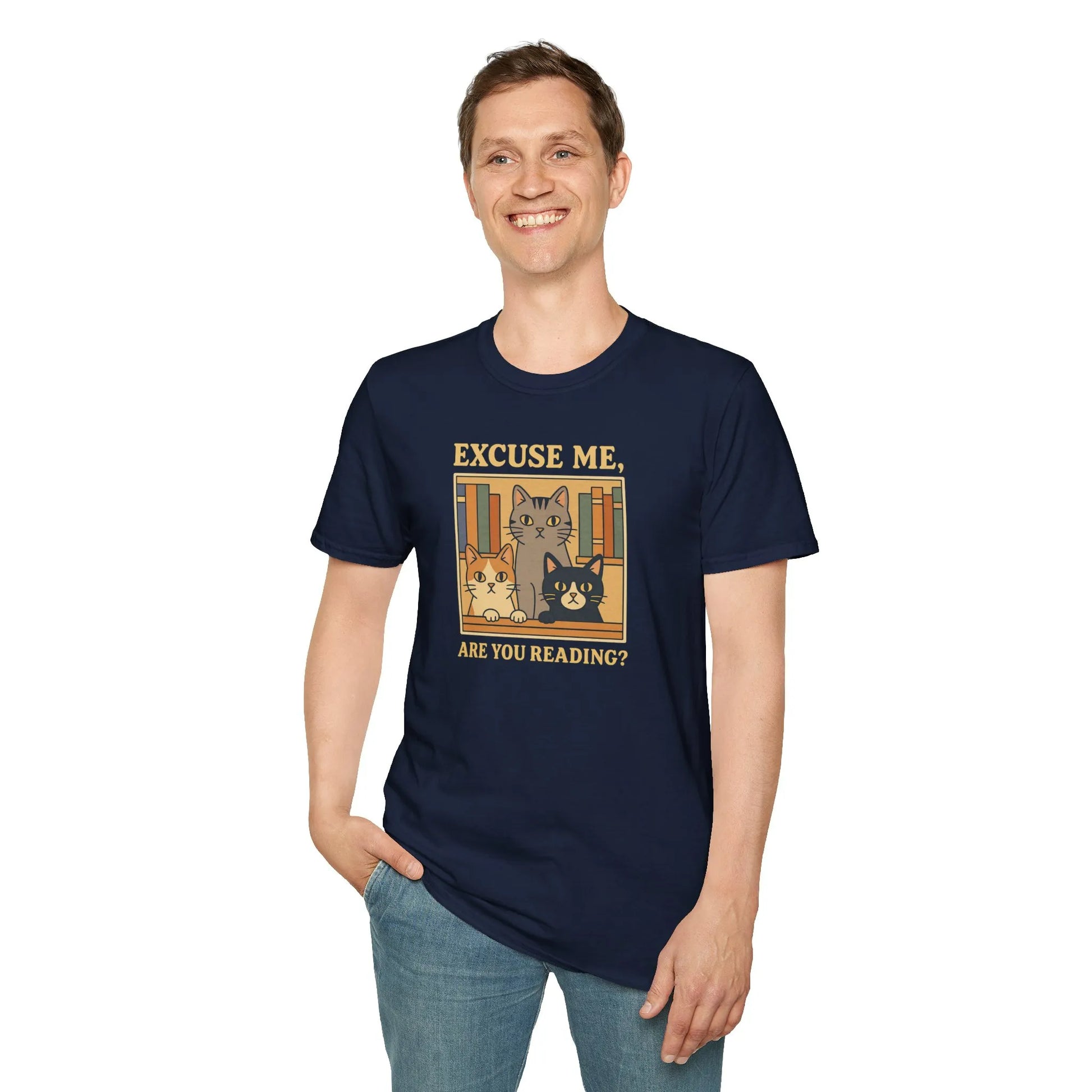 Funny cat reading shirt with text 'Excuse Me, Are You Reading?' perfect for book lovers and cozy readers.