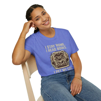 A woman in a blue Ornament Cat Reader T-Shirt featuring a cat in glasses, surrounded by reading-themed text. Perfect for cat lovers!