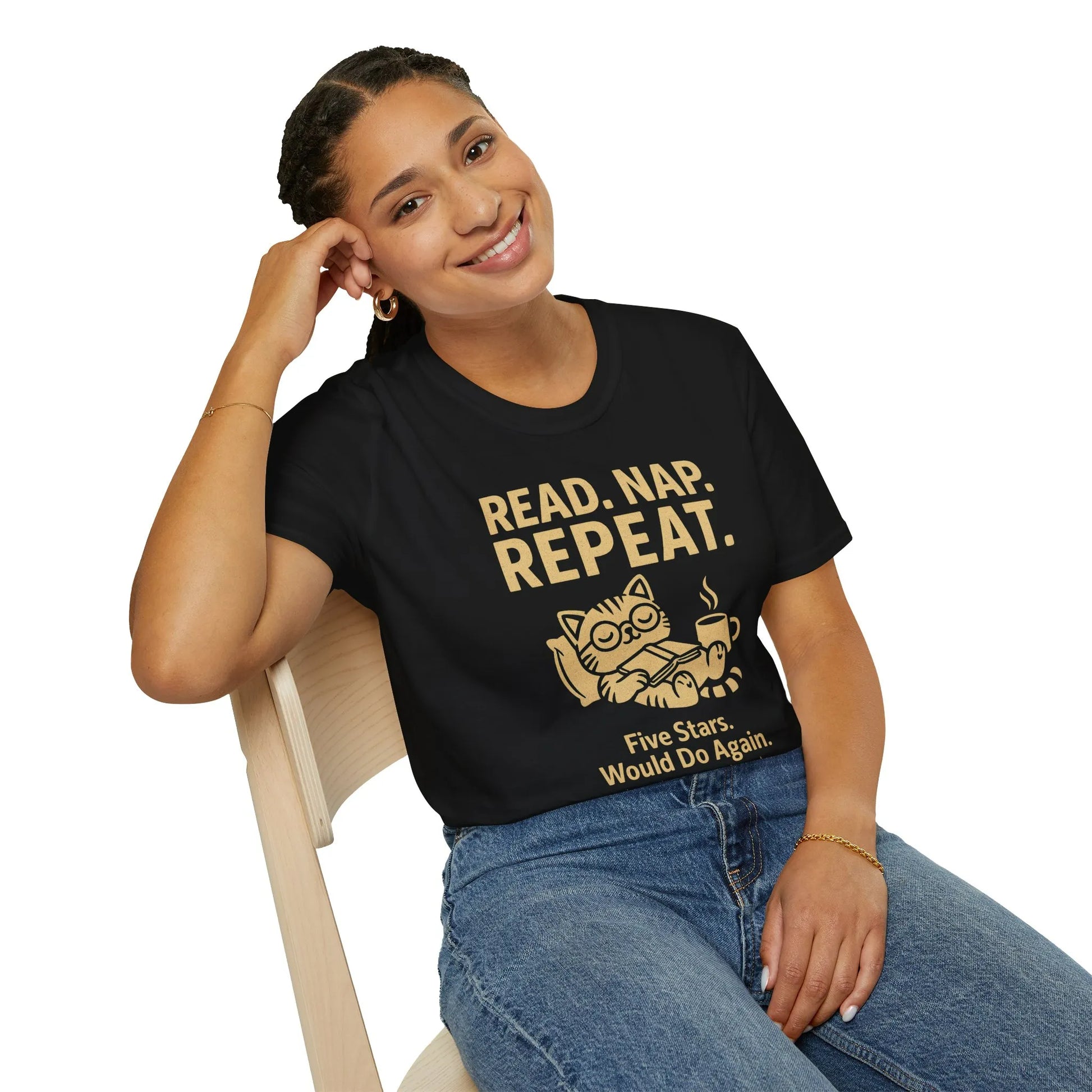 Cozy Read. Nap. Repeat. tee featuring a cat, book, and coffee. Perfect gift for book lovers who enjoy humor.