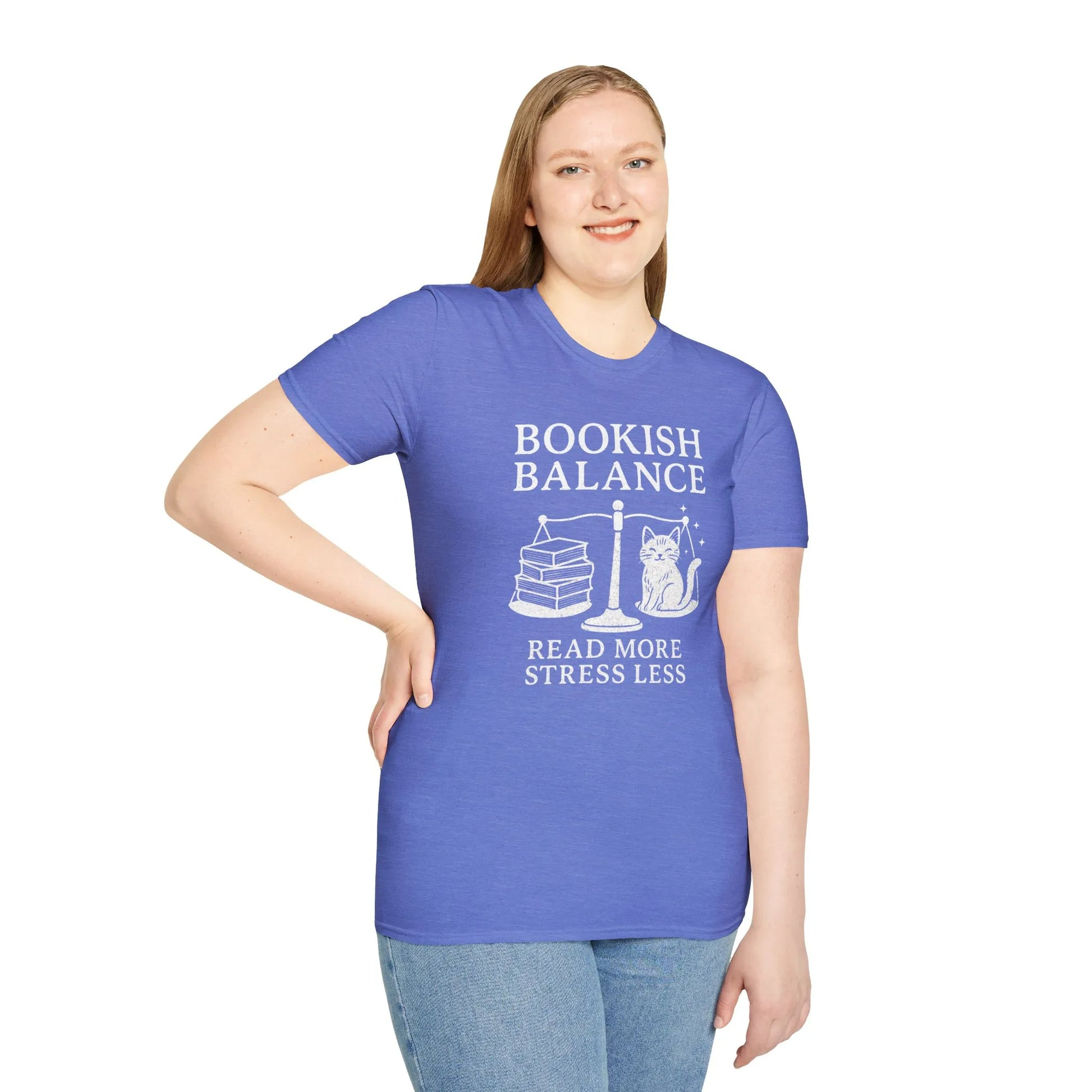 Bookish Balance T-Shirt for book lovers featuring a cat, stack of books, and the phrase 'Read More Stress Less' in cozy blue.